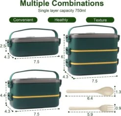 Lunchbox, Bento Box Voor Volwassenen Kinderen, Kinderlunchbox Met Compartimenten, 3-laags Lekvrije Bento-lunchbox Met Vork, Lepel, Geschikt Voor Lunchbox Voor Werk, Kantoor, School (2,25L Groen) -Thuisopslag 1200x1149