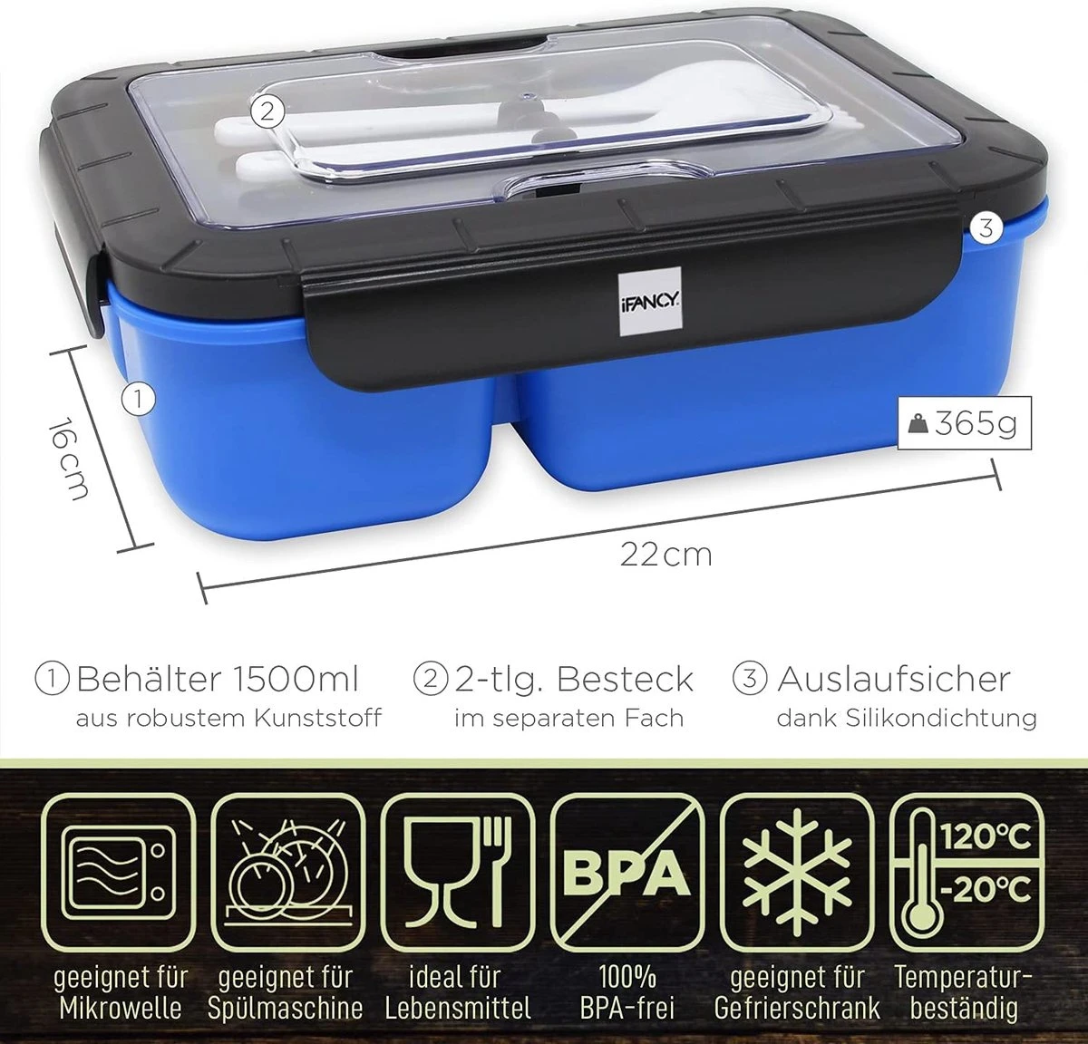 IFancy LUNCHBOX YUMMY - Bento Box 1500ml + Bestek - 3 Compartimenten - BPA Vrij & Lekvrij - Vaatwasser Magnetron & Vriezer - Lunch Box Voor Kinderen & Volwassenen (Blauw) 4 IFancy LUNCHBOX YUMMY - Bento Box 1500ml + Bestek - 3 Compartimenten - BPA Vrij & Lekvrij - Vaatwasser Magnetron & Vriezer - Lunch Box Voor Kinderen & Volwassenen (Blauw) - Afbeelding 2