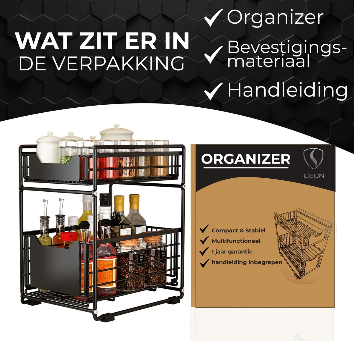 GEON - Gootsteenkast Organizer - Keukenkast Organizer - Gootsteenrek - Badkamer Organizer - Zwart/Wit 10 GEON - Gootsteenkast Organizer - Keukenkast Organizer - Gootsteenrek - Badkamer Organizer - Zwart/Wit - Afbeelding 8