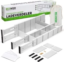 Ecowize Luxe Lade Organizer - Ladeverdeler Verstelbaar 100% Natuurlijk Bamboe - Set Van 4 Ladeverdelers, Uitschuifbaar (43cm Tot 56cm) - Eenvoudig Te Installeren Lade Verdeler Organizer Bakjes - Duurzaam Cadeau - Grijs/Wit/Natuur