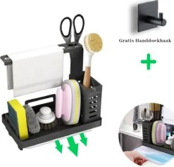 AlShiha® Vaatdoekhouder - Gootsteen Organizer - Aanrecht Organiser - Afdruiprek - Keuken Organizers - Sponshouder - Zwart