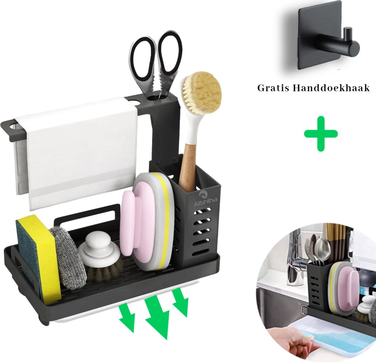 AlShiha® Vaatdoekhouder - Gootsteen Organizer - Aanrecht Organiser - Afdruiprek - Keuken Organizers - Sponshouder - Zwart 3 AlShiha® Vaatdoekhouder - Gootsteen Organizer - Aanrecht Organiser - Afdruiprek - Keuken Organizers - Sponshouder - Zwart