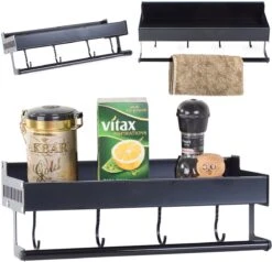 Keukenrek - Hangend Wandrek - Keuken Organizer Met Haken - Keukenplank - Roestvrij - Rheme