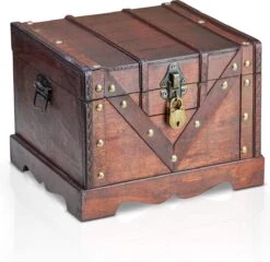 Brynnberg Schatkist "Vitec 24x21x18cm" - Grote Schatkist Plat, Bruin Met Klinknagels Versierd, Met Deksel, Slot En Sleutel, Piratenkist Afsluitbaar, Opbergdoos Met Handvat