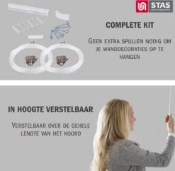 STAS Schilderijrail - Ophangsysteem Schilderijen / Fotolijsten / Poster - Ophangrails - Zonder Boren - Ophanghaak - Ophangrek - Schilderijrail - Minirail - Wit -150 Cm - Complete Kit -Thuisopslag 1200x1170 16