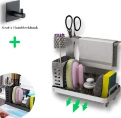 AlShiha® Gootsteen Organizer - Vaatdoekhouder - Aanrecht Organiser - Afdruiprek - Keuken Organizers - Sponshouder - Zilver