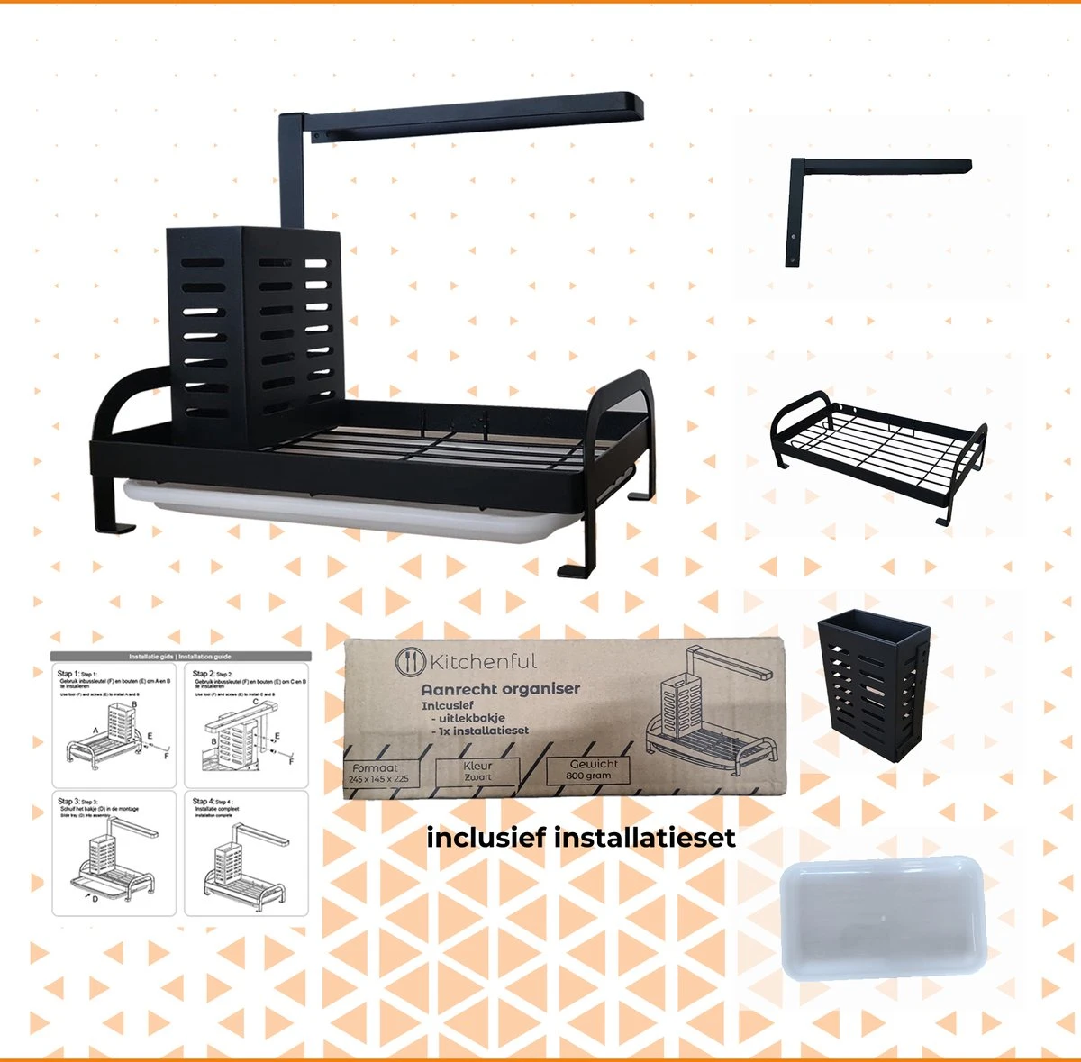 Kitchenful Aanrecht Organiser - Gootsteen Organizer - Vaatdoekhouder - Sponshouder - Keuken Organizer - Opbergrek - Keukenrek - Zwart 8 Kitchenful Aanrecht Organiser - Gootsteen Organizer - Vaatdoekhouder - Sponshouder - Keuken Organizer - Opbergrek - Keukenrek - Zwart - Afbeelding 6