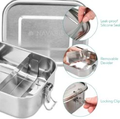 Navaris RVS Broodtrommel Met Verdeler - Meal Prep Bakje - Vershouddoos - Lunchbox - 17 X 13 X 6 Cm - Inhoud 0,8 Liter - Vaatwasbestendig -Thuisopslag 1200x1185
