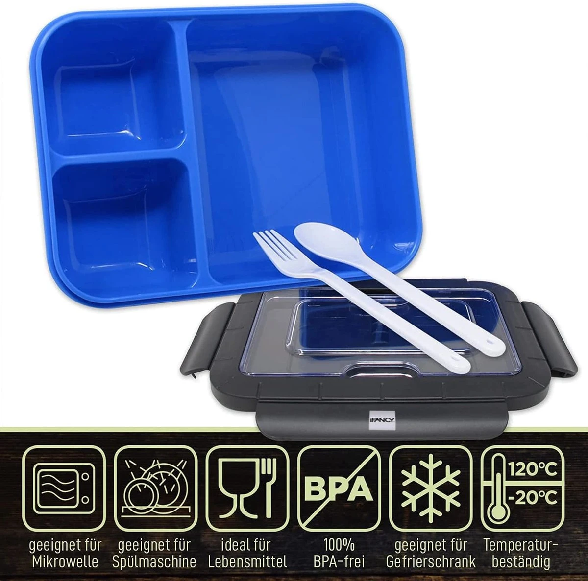 IFancy LUNCHBOX YUMMY - Bento Box 1500ml + Bestek - 3 Compartimenten - BPA Vrij & Lekvrij - Vaatwasser Magnetron & Vriezer - Lunch Box Voor Kinderen & Volwassenen (Blauw) 5 IFancy LUNCHBOX YUMMY - Bento Box 1500ml + Bestek - 3 Compartimenten - BPA Vrij & Lekvrij - Vaatwasser Magnetron & Vriezer - Lunch Box Voor Kinderen & Volwassenen (Blauw) - Afbeelding 3