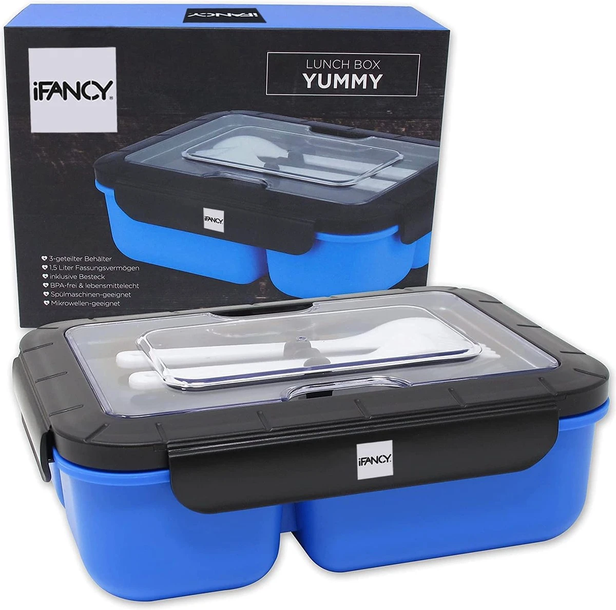 IFancy LUNCHBOX YUMMY - Bento Box 1500ml + Bestek - 3 Compartimenten - BPA Vrij & Lekvrij - Vaatwasser Magnetron & Vriezer - Lunch Box Voor Kinderen & Volwassenen (Blauw) 7 IFancy LUNCHBOX YUMMY - Bento Box 1500ml + Bestek - 3 Compartimenten - BPA Vrij & Lekvrij - Vaatwasser Magnetron & Vriezer - Lunch Box Voor Kinderen & Volwassenen (Blauw) - Afbeelding 5