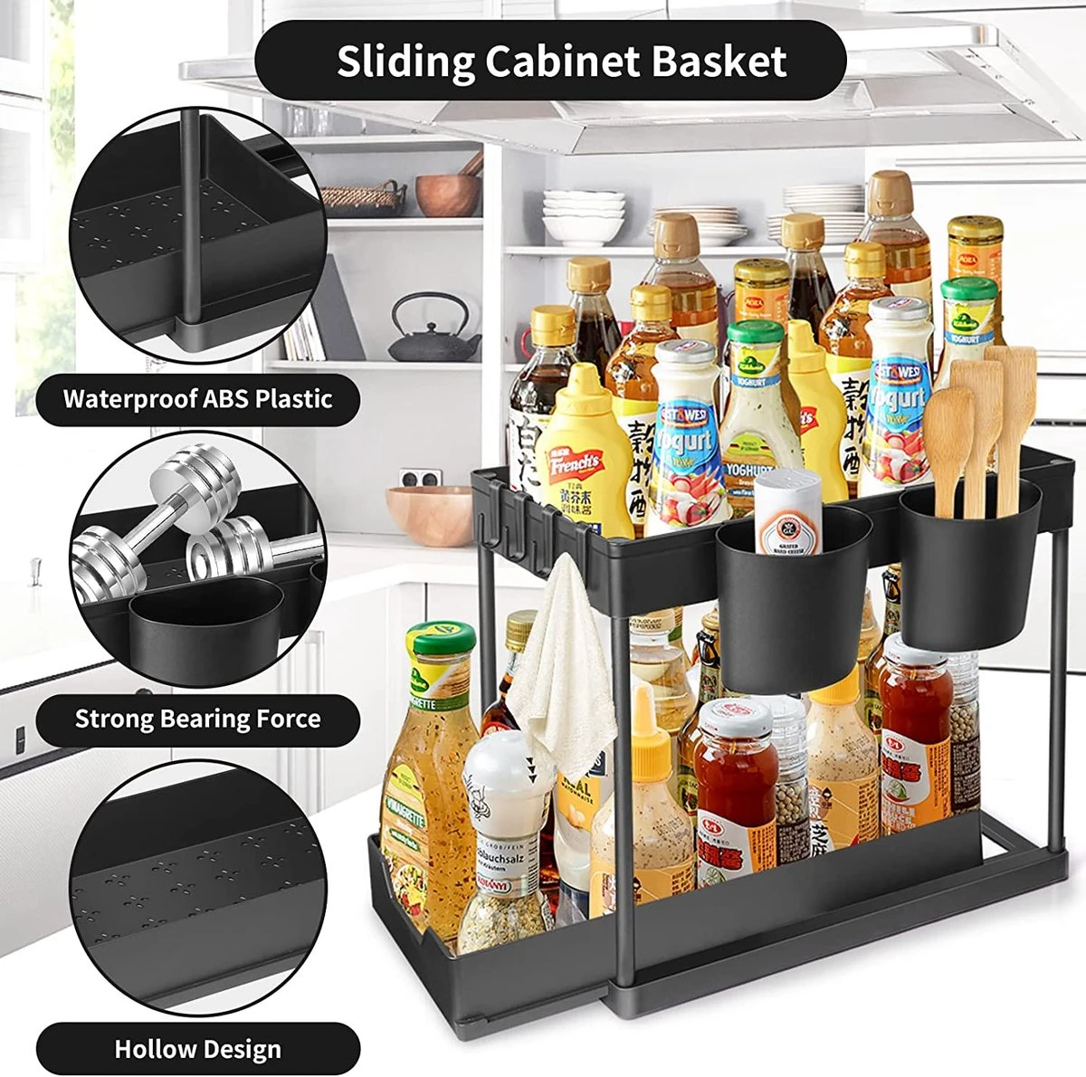 YOCOLE Rek Voor Onder De Wastafel, Rek Met 2 Etages, Uittrekbaar Rek Voor Onder De Wastafel, Opslag Onder De Gootsteen, Met 4 Haken En 2 Bakken, Organizer Voor Onder De Wastafel, Kast, Voor Badkamer, Keuken, Zwart 6 YOCOLE Rek Voor Onder De Wastafel, Rek Met 2 Etages, Uittrekbaar Rek Voor Onder De Wastafel, Opslag Onder De Gootsteen, Met 4 Haken En 2 Bakken, Organizer Voor Onder De Wastafel, Kast, Voor Badkamer, Keuken, Zwart - Afbeelding 4