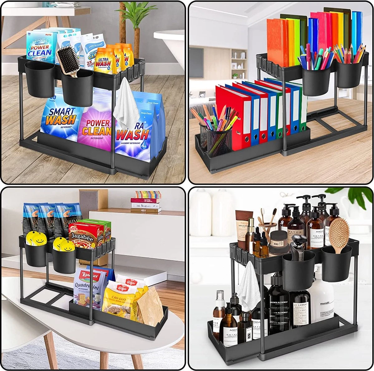 YOCOLE Rek Voor Onder De Wastafel, Rek Met 2 Etages, Uittrekbaar Rek Voor Onder De Wastafel, Opslag Onder De Gootsteen, Met 4 Haken En 2 Bakken, Organizer Voor Onder De Wastafel, Kast, Voor Badkamer, Keuken, Zwart 7 YOCOLE Rek Voor Onder De Wastafel, Rek Met 2 Etages, Uittrekbaar Rek Voor Onder De Wastafel, Opslag Onder De Gootsteen, Met 4 Haken En 2 Bakken, Organizer Voor Onder De Wastafel, Kast, Voor Badkamer, Keuken, Zwart - Afbeelding 5