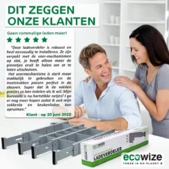 Ecowize Luxe Lade Organizer - Ladeverdeler Verstelbaar 100% Natuurlijk Bamboe - Set Van 4 Ladeverdelers, Uitschuifbaar (43cm Tot 56cm) - Eenvoudig Te Installeren Lade Verdeler Organizer Bakjes - Duurzaam Cadeau - Grijs/Wit/Natuur -Thuisopslag 1200x1195 7