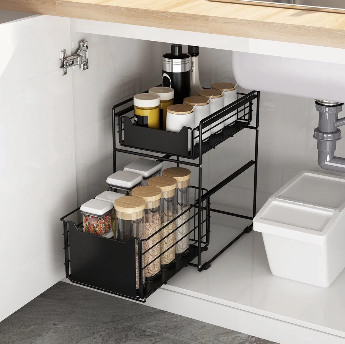 GEON - Gootsteenkast Organizer - Keukenkast Organizer - Gootsteenrek - Badkamer Organizer - Zwart/Wit 6 GEON - Gootsteenkast Organizer - Keukenkast Organizer - Gootsteenrek - Badkamer Organizer - Zwart/Wit - Afbeelding 4