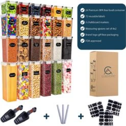 Empyrea Set Van 24 Luchtdichte Vershouddozen, Voorraad Bussen Opslag En Organisatie, Keuken En Voedselcontainer, Voorraadpotten Van Kunststof, BPA-vrij, 72 Etiketten, 3 Markers En 8 Lepels Meegeleverd | Keuken Organizer Voorraadcontainers -Thuisopslag 1200x1198