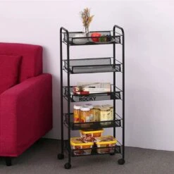 Buxibo Opbergrek 5 Laags Op Wieltjes Met Open Vakken - Opberg Rek Organizer Voor Keuken / Badkamer - Nisrek - Verrijdbare Ruimtebesparende Opbergkast Keuken / Badkamer Kast - Opbergrekje Met Wielen - Zwart -Thuisopslag 1200x1198 48