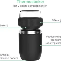 Coninx Thermos Lunchbox - Muesli Beker To Go - Isoleer Lunchpot - Yoghurtbeker To Go - Mueslibeker 840ml (600ml+240ml) - RVS / Zwart -Thuisopslag 1200x1198 5