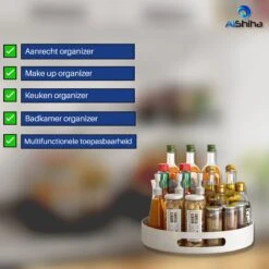 AlShiha® Organizer - Draaiplateau - Wit - Aanrecht Organizer- Badkamer Organizer - Aanrecht Organiser - Opbergrek - Make Up Organizer - Kruidenrek - Kast Organizer - Kruidenrek - Keukenkast - Keuken Organizers -Thuisopslag 1200x1199 13