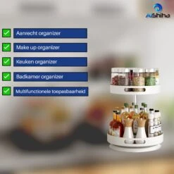 AlShiha® Organizer - Draaiplateau - 2 Laags Wit- Aanrecht Organizer- Badkamer Organizer - Aanrecht Organiser - Opbergrek - Make Up Organizer - Kruidenrek - Kast Organizer - Kruidenrek - Keukenkast - Keuken Organizers -Thuisopslag 1200x1199 15