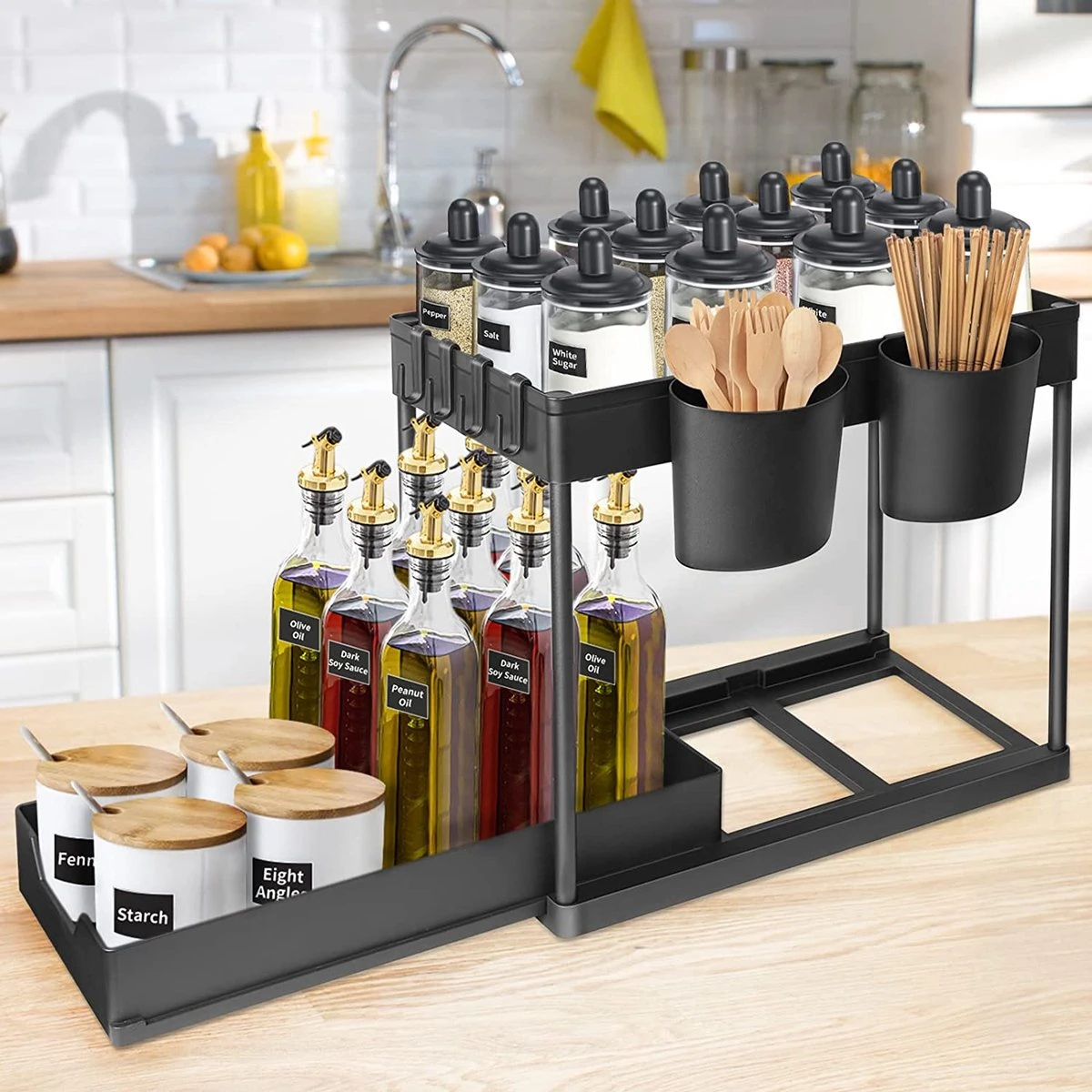 YOCOLE Rek Voor Onder De Wastafel, Rek Met 2 Etages, Uittrekbaar Rek Voor Onder De Wastafel, Opslag Onder De Gootsteen, Met 4 Haken En 2 Bakken, Organizer Voor Onder De Wastafel, Kast, Voor Badkamer, Keuken, Zwart 5 YOCOLE Rek Voor Onder De Wastafel, Rek Met 2 Etages, Uittrekbaar Rek Voor Onder De Wastafel, Opslag Onder De Gootsteen, Met 4 Haken En 2 Bakken, Organizer Voor Onder De Wastafel, Kast, Voor Badkamer, Keuken, Zwart - Afbeelding 3