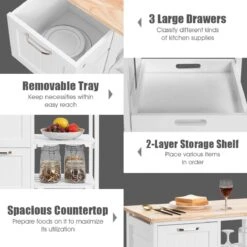 LUXGOODS Keukentrolley Kar, Serveerwagen Met Rubberen Houten Blad En Dennenhouten Poten, Rollende Opbergkast, Keukenwagen Keukeneiland Met Lade, 2 Verdiepingen Opbergplank En 3 Grote Laden (Wit) -Thuisopslag 1200x1200 1144