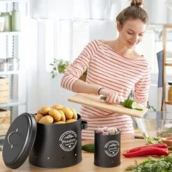 Professionele Bewaardozen - Set Van 3 - Voor Aardappels, Uien En Knoflook - Retro Design - Voorraadcontainer Van Metaal - Keukenopslag - Groentes Bewaren Voor Lange Tijd - Perfect Cadeau Voor In De Keuken -Thuisopslag 1200x1200 116