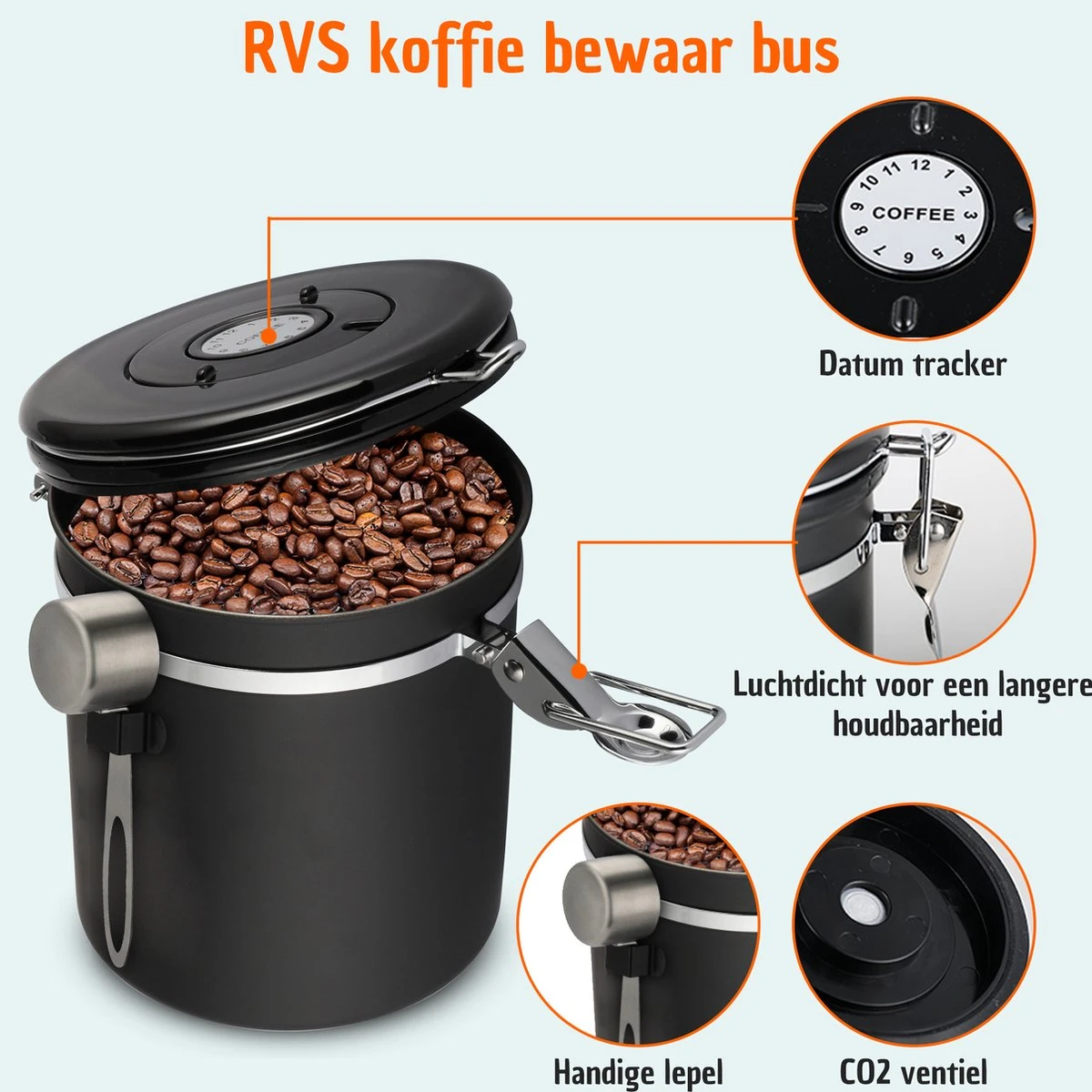 Koffie Bewaarbus Luchtdicht Met CO2 Uitlaat - Koffieblik Bewaarblik Voor 500 Gr Koffiebonen - Zwart - 1.2L 10 Koffie Bewaarbus Luchtdicht Met CO2 Uitlaat - Koffieblik Bewaarblik Voor 500 Gr Koffiebonen - Zwart - 1.2L - Afbeelding 8
