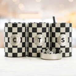 Industrial Living Voorraadblikken – Voorraadbussen Koffie Thee Suiker – Bewaarblik – Checkerboard – Voorraadpot Geblokt Voor Koek – Metaal - Set Van 3 – Zwart - Wit -Thuisopslag 1200x1200 161