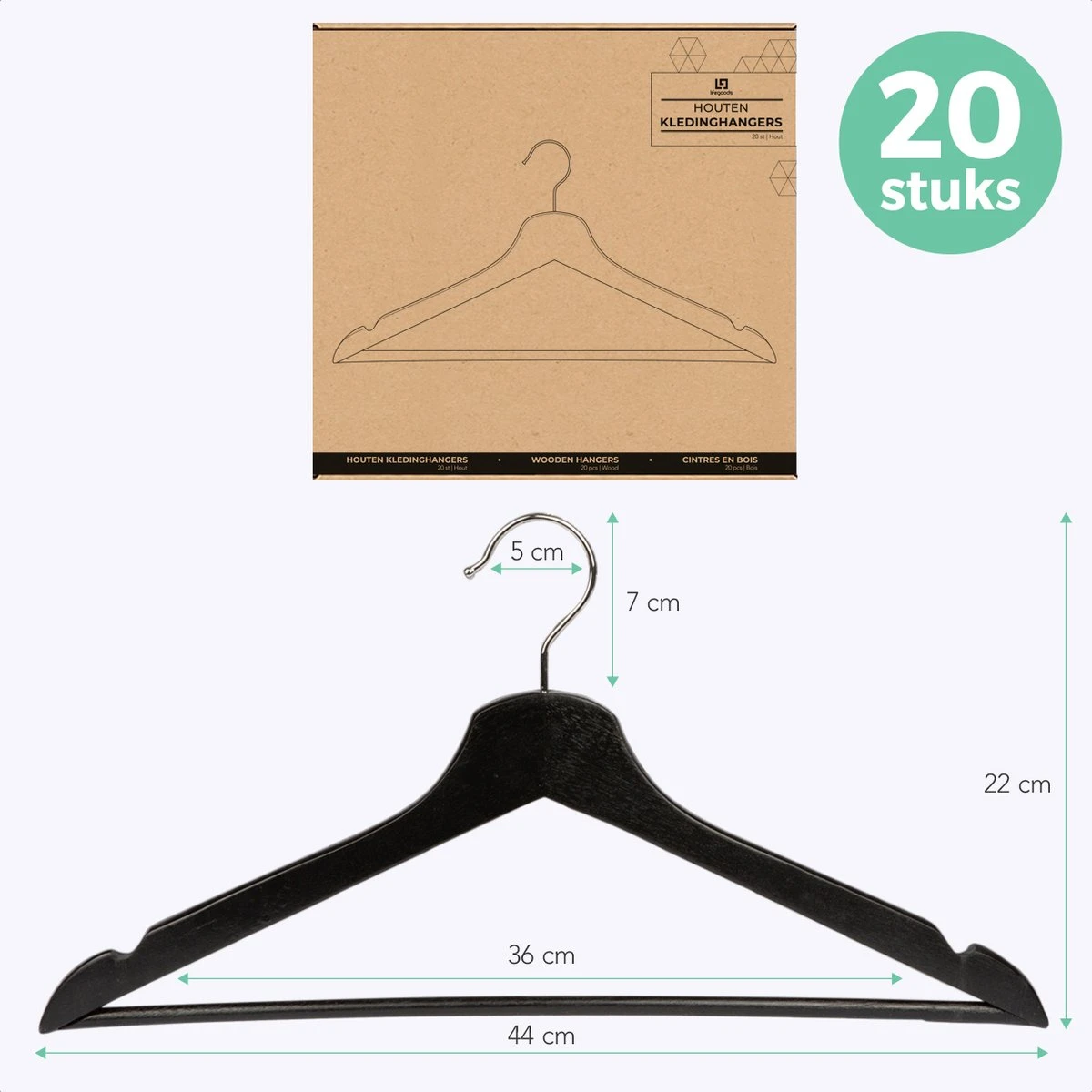 LifeGoods Kledinghangers - Met Broeklat - Hardhout - Zwart - 20 Stuks 9 LifeGoods Kledinghangers - Met Broeklat - Hardhout - Zwart - 20 Stuks - Afbeelding 7