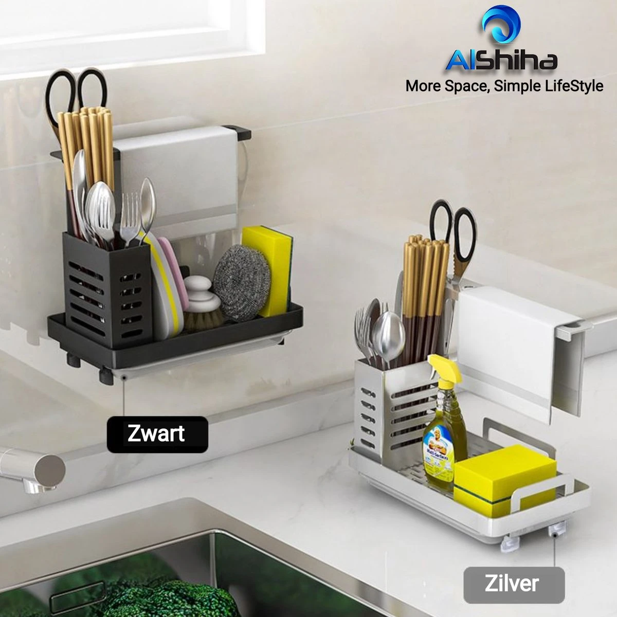 AlShiha® Vaatdoekhouder - Gootsteen Organizer - Aanrecht Organiser - Afdruiprek - Keuken Organizers - Sponshouder - Zwart 4 AlShiha® Vaatdoekhouder - Gootsteen Organizer - Aanrecht Organiser - Afdruiprek - Keuken Organizers - Sponshouder - Zwart - Afbeelding 2