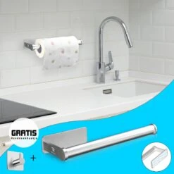 Keukenrolhouder | Zilver | Zelfklevend | Rollenhouder | Hangend | Aluminium + Gratis Handdoekhaakje