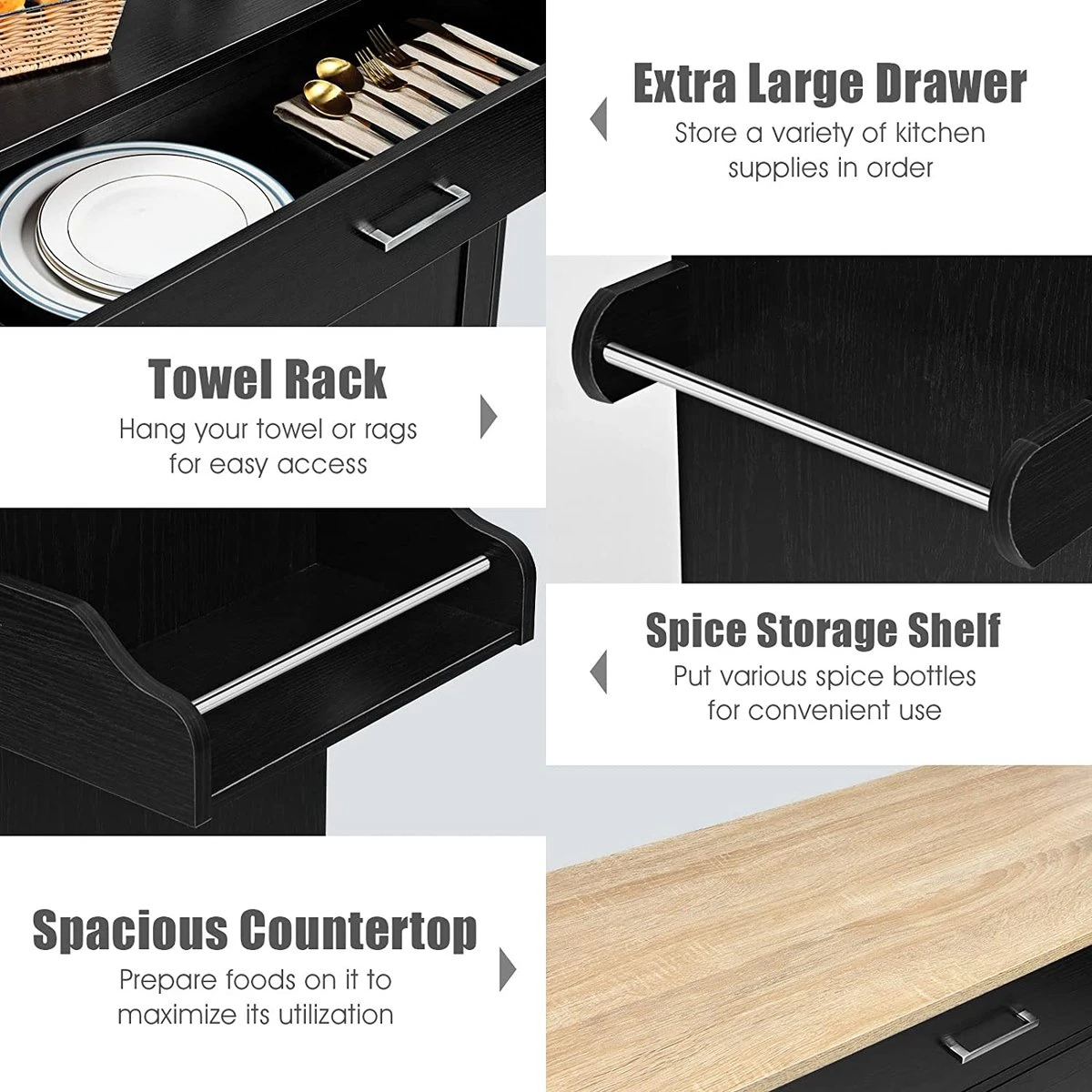 Keukeneiland Serveerwagen, Rollende Keukenwagen Met Vergrendelbare Rubberen Wielen, Grote Kast, Lade, Kruidenrek En Handdoekrek, 3-positie Verstelbare Plank, Keukentrolley, 116 X 40 X 85 Cm (Zwart) 6 Keukeneiland Serveerwagen, Rollende Keukenwagen Met Vergrendelbare Rubberen Wielen, Grote Kast, Lade, Kruidenrek En Handdoekrek, 3-positie Verstelbare Plank, Keukentrolley, 116 X 40 X 85 Cm (Zwart) - Afbeelding 4