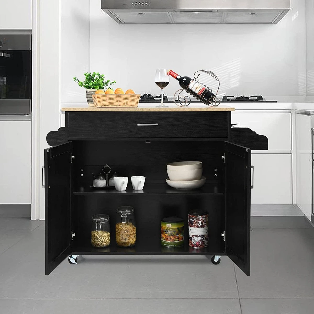 Keukeneiland Serveerwagen, Rollende Keukenwagen Met Vergrendelbare Rubberen Wielen, Grote Kast, Lade, Kruidenrek En Handdoekrek, 3-positie Verstelbare Plank, Keukentrolley, 116 X 40 X 85 Cm (Zwart) 9 Keukeneiland Serveerwagen, Rollende Keukenwagen Met Vergrendelbare Rubberen Wielen, Grote Kast, Lade, Kruidenrek En Handdoekrek, 3-positie Verstelbare Plank, Keukentrolley, 116 X 40 X 85 Cm (Zwart) - Afbeelding 7