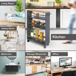 Bomoe Hylla – Keukentrolley Op Wieltjes 50x79x15 Cm – Serveerwagen Hout Met 3 Planken & FSC® Werkblad – Antraciet -Thuisopslag 1200x1200 2210