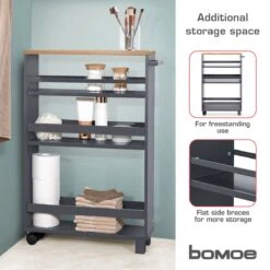 Bomoe Hylla – Keukentrolley Op Wieltjes 50x79x15 Cm – Serveerwagen Hout Met 3 Planken & FSC® Werkblad – Antraciet -Thuisopslag 1200x1200 2212