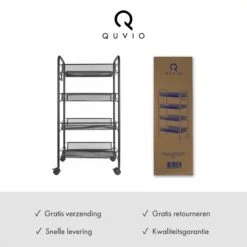 QUVIO Keukentrolley Opvouwbaar - Keukentrolley Op Wieltjes - Kast Op Wieltjes - Opbergrek - Bakkerskast - Rolkast - Stellingkast - Serveerwagen - Badkamertrolley - 3 Lagen - Metaal - 30 X 45 X 77 Cm (lxbxh) - Zwart -Thuisopslag 1200x1200 2216