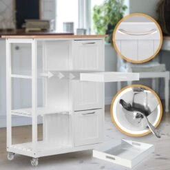 GoodVibes - Keukenwagen Op Wielen Met 3 Laden En 3 Open Vakken Met Legplanken - Hout En MDF - Serveerwagen - Verrijdbare Keukenkast In Landhuisstijl - 67 X 37 X 84cm - Wit/Natuurlijk