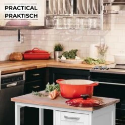 GoodVibes - Keukenwagen Op Wielen Met 3 Laden En 3 Open Vakken Met Legplanken - Hout En MDF - Serveerwagen - Verrijdbare Keukenkast In Landhuisstijl - 67 X 37 X 84cm - Wit/Natuurlijk -Thuisopslag 1200x1200 2229