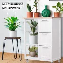 GoodVibes - Keukenwagen Op Wielen Met 3 Laden En 3 Open Vakken Met Legplanken - Hout En MDF - Serveerwagen - Verrijdbare Keukenkast In Landhuisstijl - 67 X 37 X 84cm - Wit/Natuurlijk -Thuisopslag 1200x1200 2231