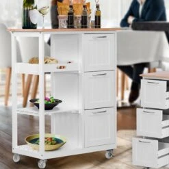 Miadomodo - Keukenwagen Op Wielen Met 3 Laden En 3 Open Vakken Met Legplanken - Hout En MDF - Serveerwagen - Verrijdbare Keukenkast In Landhuisstijl - 67 X 37 X 84cm - Wit/Natuurlijk -Thuisopslag 1200x1200 2264