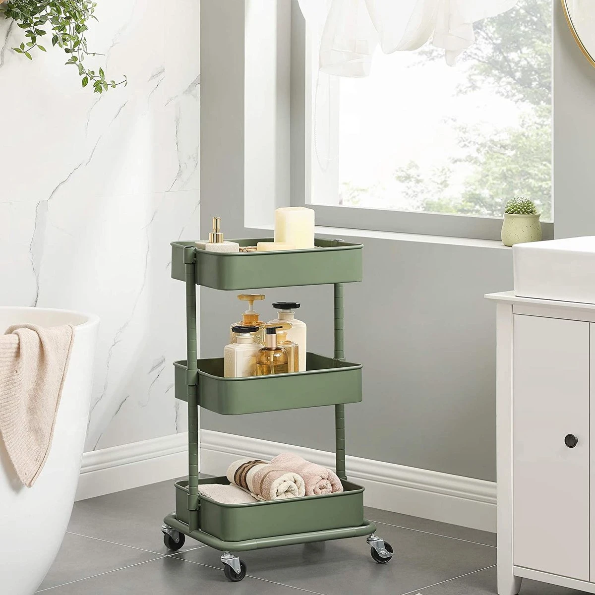 SONGMICS Trolley Met 3 Niveaus, Opbergwagen, Keukenplank Met Wielen, In Hoogte Verstelbare Rekken, Serveerwagen Met 2 Remmen, Eenvoudige Montage, Voor Badkamer, Keuken, Kantoor, Grijsgroen BSC060C01 4 SONGMICS Trolley Met 3 Niveaus, Opbergwagen, Keukenplank Met Wielen, In Hoogte Verstelbare Rekken, Serveerwagen Met 2 Remmen, Eenvoudige Montage, Voor Badkamer, Keuken, Kantoor, Grijsgroen BSC060C01 - Afbeelding 2