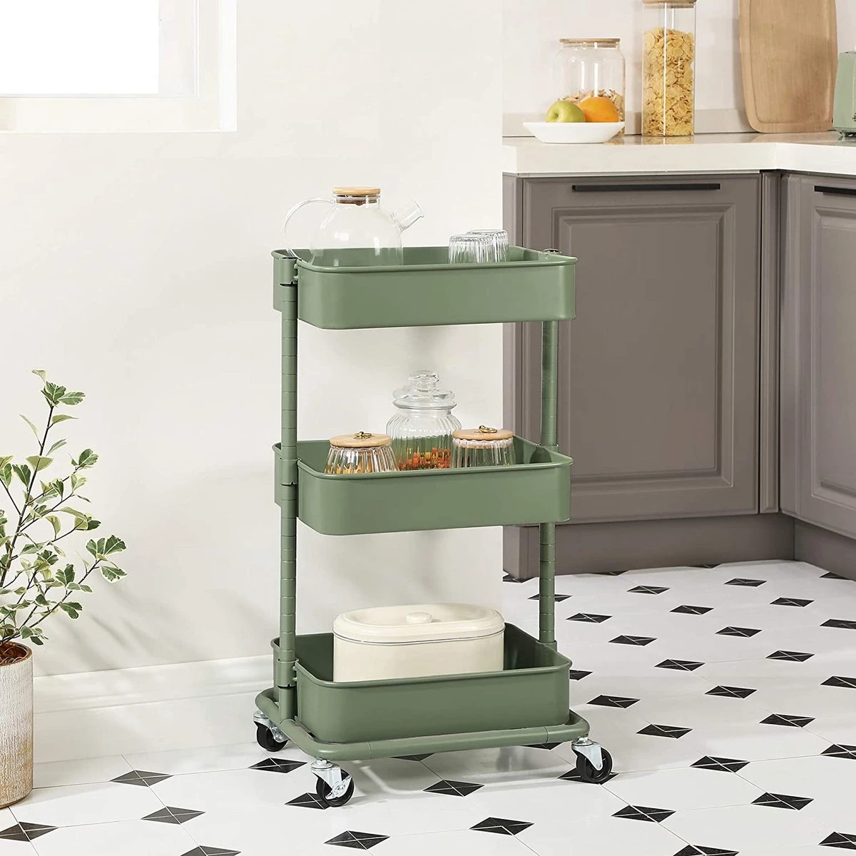 SONGMICS Trolley Met 3 Niveaus, Opbergwagen, Keukenplank Met Wielen, In Hoogte Verstelbare Rekken, Serveerwagen Met 2 Remmen, Eenvoudige Montage, Voor Badkamer, Keuken, Kantoor, Grijsgroen BSC060C01 5 SONGMICS Trolley Met 3 Niveaus, Opbergwagen, Keukenplank Met Wielen, In Hoogte Verstelbare Rekken, Serveerwagen Met 2 Remmen, Eenvoudige Montage, Voor Badkamer, Keuken, Kantoor, Grijsgroen BSC060C01 - Afbeelding 3