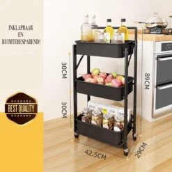 Inklapbare Keukentrolley - Keukentrolley Op Wieltjes - Serveerwagen - Keuken Trolley Metaal - Zwart - 89,5*44*30cm -Thuisopslag 1200x1200 2308