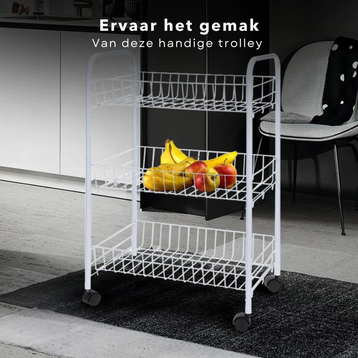 Cheqo® Keukentrolley - Opbergrek Verrijdbaar - Rolwagen - Keukenrek - Trolley - Voor Badkamer Of Keuken - Wit Met 3 Manden - 40x26xH62cm 4 Cheqo® Keukentrolley - Opbergrek Verrijdbaar - Rolwagen - Keukenrek - Trolley - Voor Badkamer Of Keuken - Wit Met 3 Manden - 40x26xH62cm - Afbeelding 2