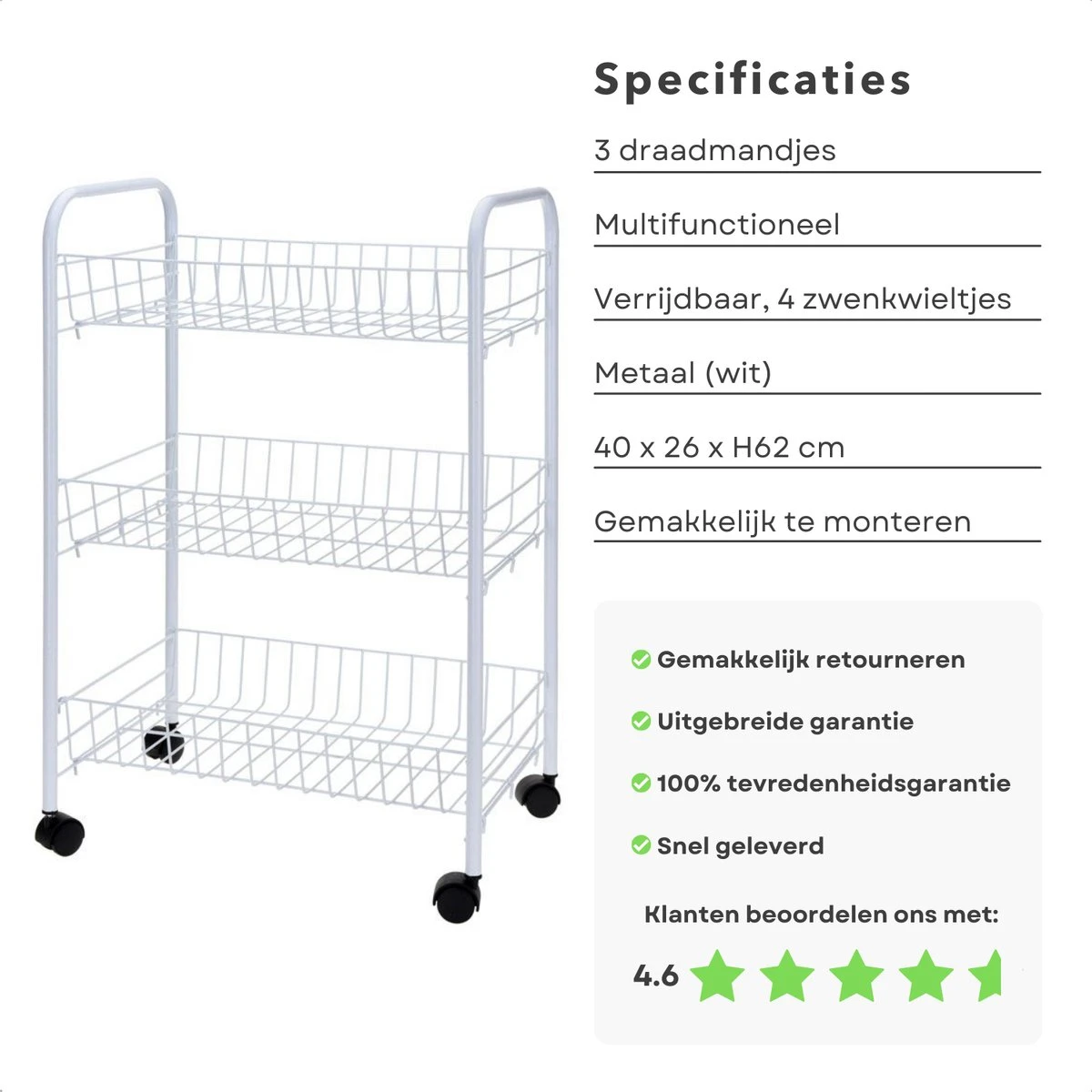 Cheqo® Keukentrolley - Opbergrek Verrijdbaar - Rolwagen - Keukenrek - Trolley - Voor Badkamer Of Keuken - Wit Met 3 Manden - 40x26xH62cm 6 Cheqo® Keukentrolley - Opbergrek Verrijdbaar - Rolwagen - Keukenrek - Trolley - Voor Badkamer Of Keuken - Wit Met 3 Manden - 40x26xH62cm - Afbeelding 4
