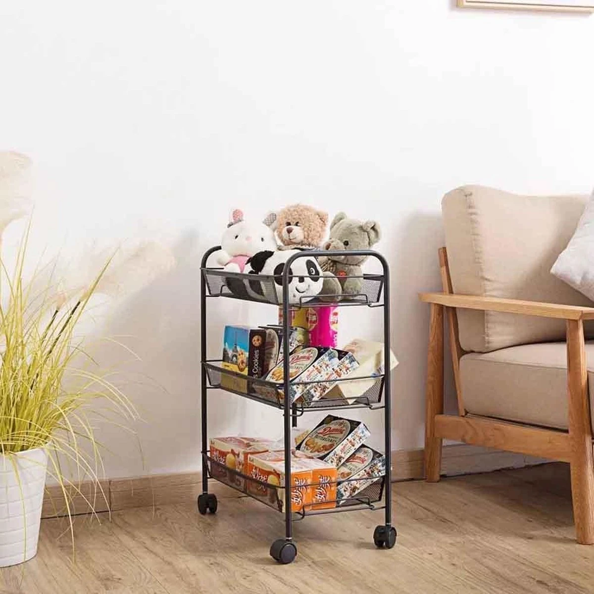 Buxibo Opbergrek 3 Laags Op Wieltjes Met Vakken - Keukentrolley Op Wielen - Badkamer/Keuken/Kamer Opbergrek - Nisrek - 45cmx37cmx63cm - Zwart 4 Buxibo Opbergrek 3 Laags Op Wieltjes Met Vakken - Keukentrolley Op Wielen - Badkamer/Keuken/Kamer Opbergrek - Nisrek - 45cmx37cmx63cm - Zwart - Afbeelding 2