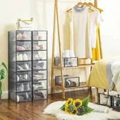 Songmics Schoendozen, Set Van 18, Opbergdozen Voor Schoenen, Schoen Organizer, Plastic Dozen, Opvouwbaar En Stapelbaar, Voor Schoenen Tot Maat 42, Transparant Zwart LSP18SBKV1 -Thuisopslag 1200x1200 2515