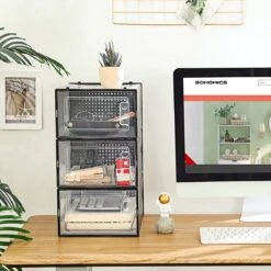 Songmics Schoendozen, Set Van 18, Opbergdozen Voor Schoenen, Schoen Organizer, Plastic Dozen, Opvouwbaar En Stapelbaar, Voor Schoenen Tot Maat 42, Transparant Zwart LSP18SBKV1 -Thuisopslag 1200x1200 2517