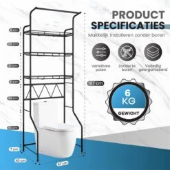 Agellic RVS Wasmachine Kast - 187x67x43cm - 3 Schappen - Eenvoudig Te Installeren Zonder Boren - Wasmachine Ombouw - Opbergrek - Wasdroger Rek - WC Meubel -Thuisopslag 1200x1200 2587