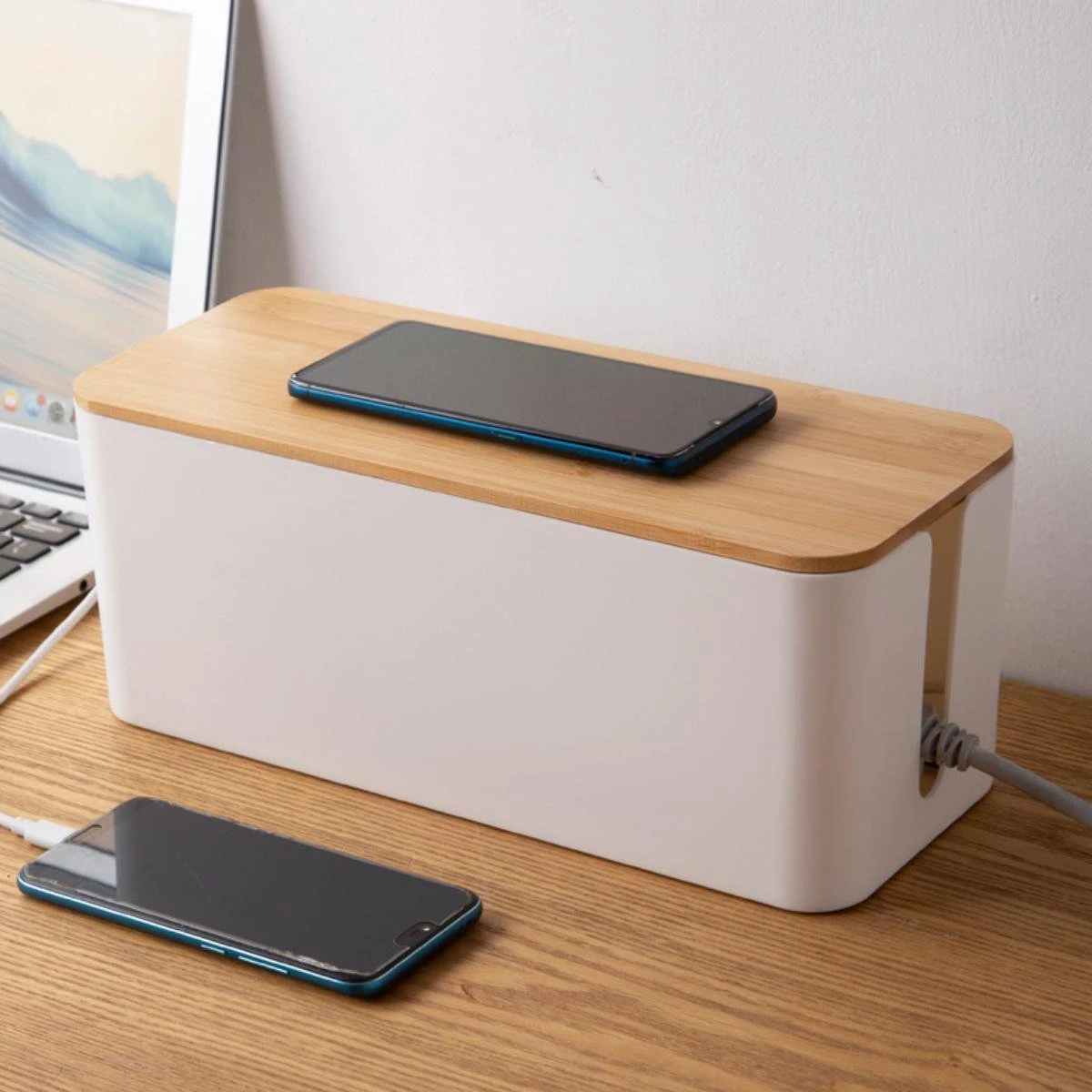 Kabelbox Met Houten Deksel - Kabeldoos - Opbergbox Stekkerdoos - Kabelbox Voor Snoeren Wegwerken - Wit - 40,5 Cm - Allteq 5 Kabelbox Met Houten Deksel - Kabeldoos - Opbergbox Stekkerdoos - Kabelbox Voor Snoeren Wegwerken - Wit - 40,5 Cm - Allteq - Afbeelding 3